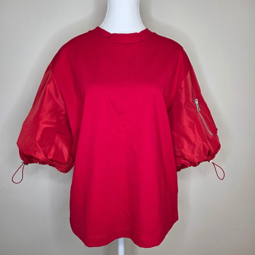 MEIMEIJ Red Puff Sleeve Utility Blouse Made in Italy Zip Pocket Avant‎ Garde L